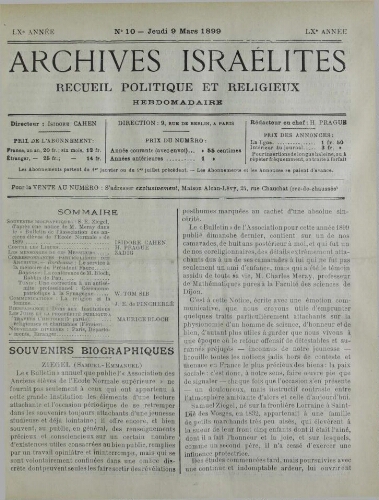 Archives israélites de France. Vol.60 N°10 (09 mars 1899)